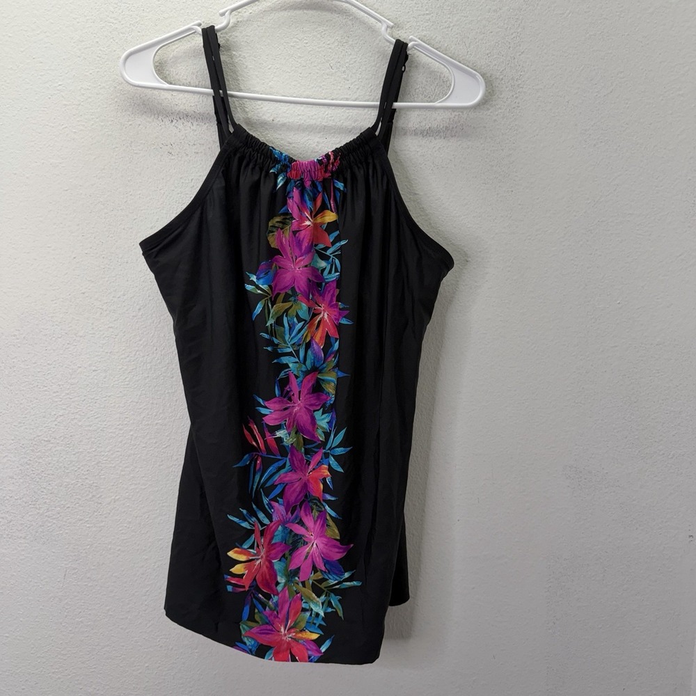 Miraclesuit Tankini Top SZ 10 Black Floral High Neck Bra Tummy Control Underwire